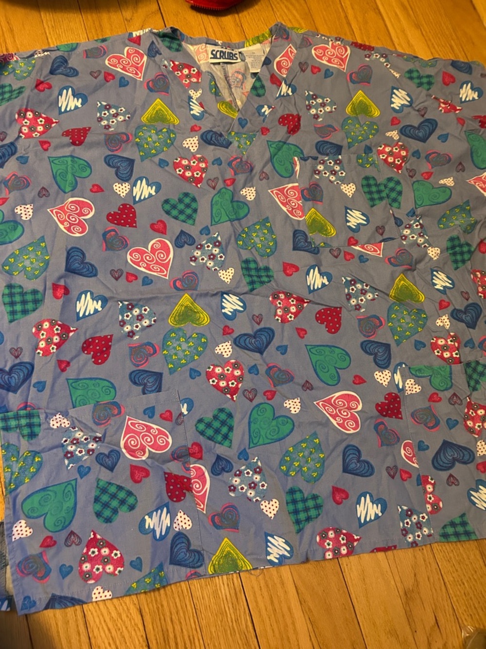 Scrubs Heart Print Medical Scrub Top - Blue with Multicolor Hearts